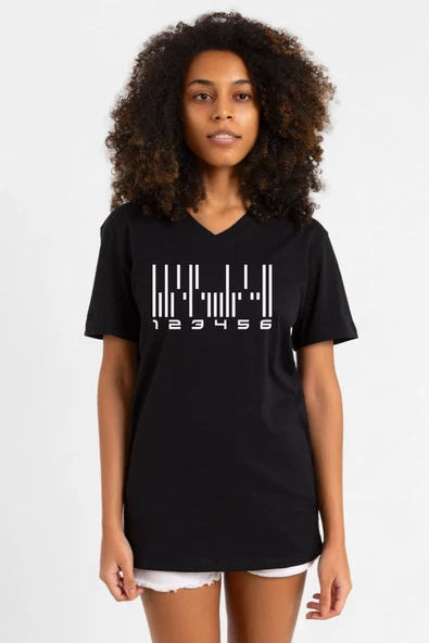 Dark Matter The Android Barcode Siyah Kadın V yaka Tshirt ürün görseli 1