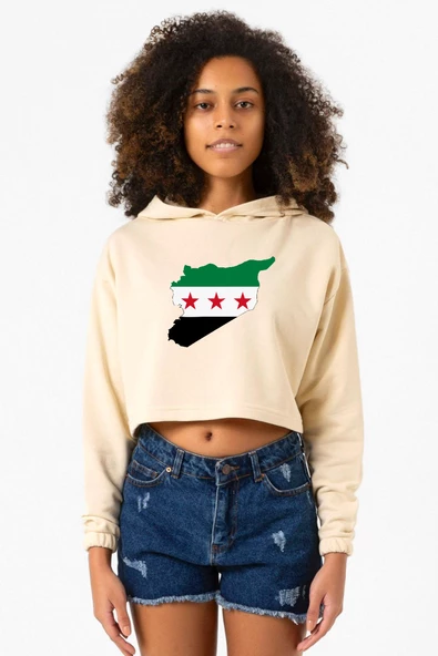 Suriye Yeni Bayrak Bej Kadın Crop Kapşonlu ürün görseli
