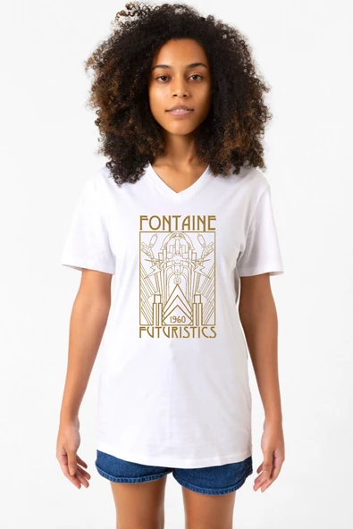 Bioshock Fontaine Futuristics Beyaz Kadın V yaka Tshirt - Resim 2