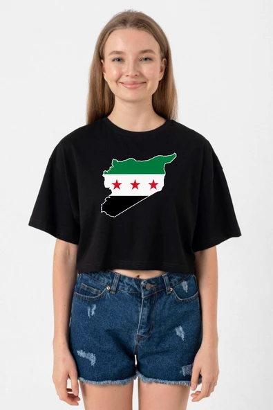 Suriye Yeni Bayrak Siyah Kadın Crop Tshirt ürün görseli 1
