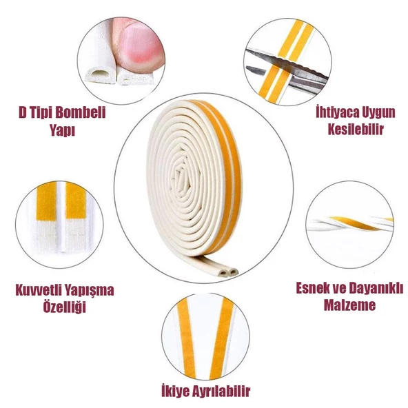 Kapı Pencere Bandı Fitili Yapışkanlı Beyaz Soğuk İzolasyon Bant 10x2=20 METRE + Eşik Süngeri 2'Li SET - 2