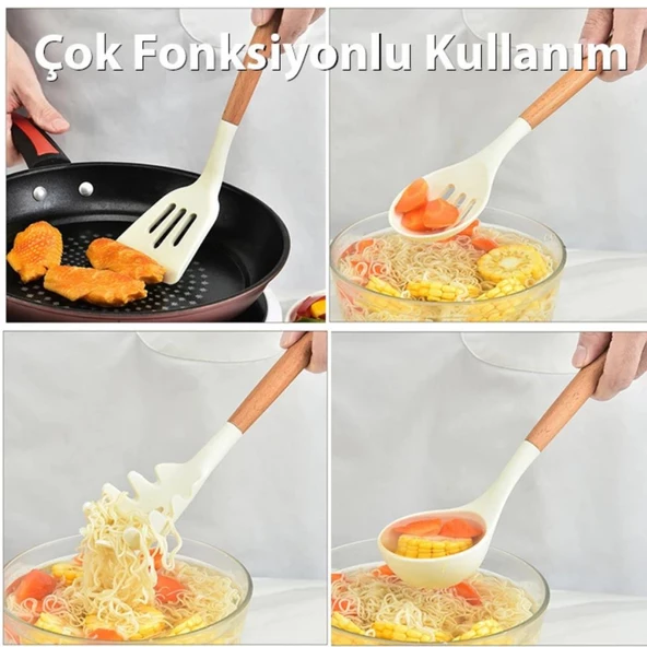 Polham 12 Parça Kepçe Spatula Kevgir Mutfak Servis Seti Ahşap Saplı Mutfak Seti, Saklama Kutulu - 2