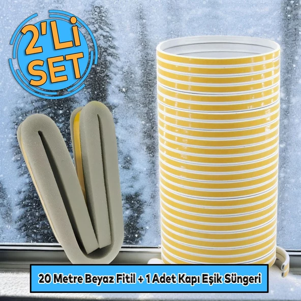 Kapı Pencere Bandı Fitili Yapışkanlı Beyaz Soğuk İzolasyon Bant 10x2=20 METRE + Eşik Süngeri 2'Li SET