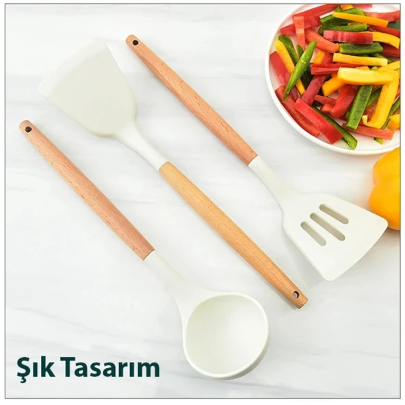 Polham 12 Parça Kepçe Spatula Kevgir Mutfak Servis Seti Ahşap Saplı Mutfak Seti, Saklama Kutulu - 4