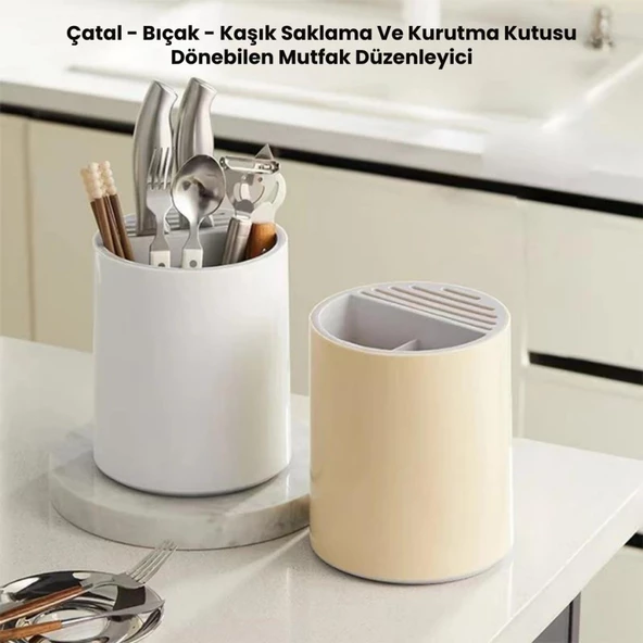 Polham Mutfak Düzenleyici Çatal, Kaşık, Bıçak Standı, 360 Derece Dönebilen Saklama ve Kurutma Kutusu - 4
