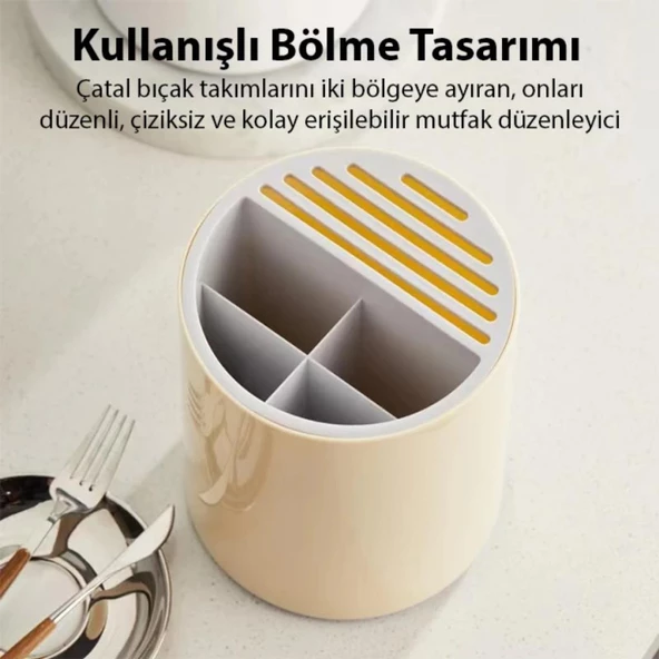 Polham Mutfak Düzenleyici Çatal, Kaşık, Bıçak Standı, 360 Derece Dönebilen Saklama ve Kurutma Kutusu - 3