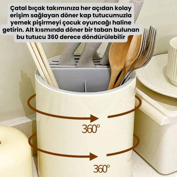 Polham Mutfak Düzenleyici Çatal, Kaşık, Bıçak Standı, 360 Derece Dönebilen Saklama ve Kurutma Kutusu - 5