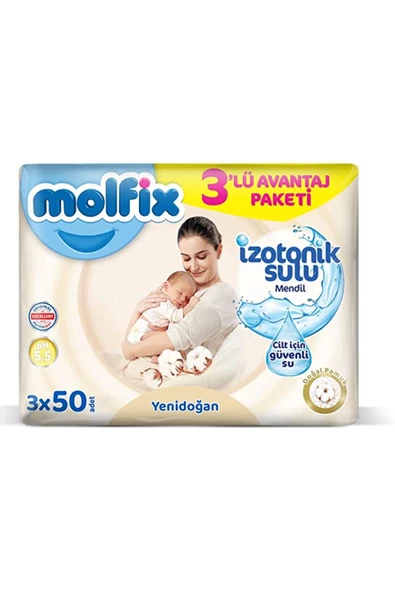 Molfix Yenidoğan Izotonik Sulu Doğal Pamuk Islak Havlu Mendil 3'lü 150 Yaprak - 2