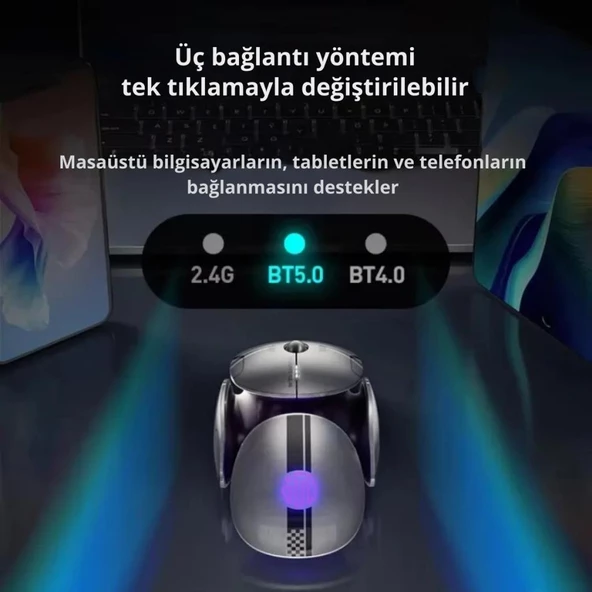 Polham 3 Modlu 300Mah Şarj Edilebilir RGB Işıklı 2400DRI Gaming Mouse, Ultra Sessiz,Gecikmesiz Mouse - Resim 4