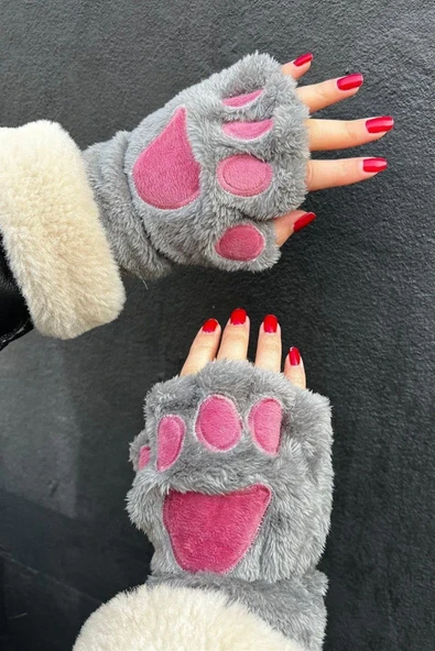 Mars Baby Parmaksız Patili Gri Pembe Peluş Eldiven - 2