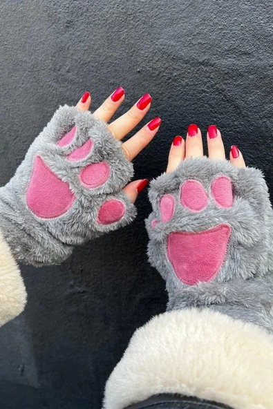 Mars Baby Parmaksız Patili Gri Pembe Peluş Eldiven - 3