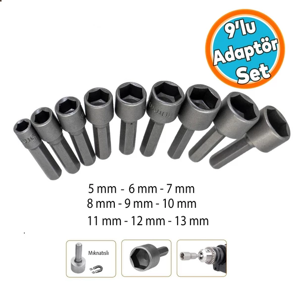Manyetik Mıknatıslı Matkap Uyumlu 5 6 7 8 9 10 11 12 13 mm Somun Civata Adaptör Seti CRV Metal Uç