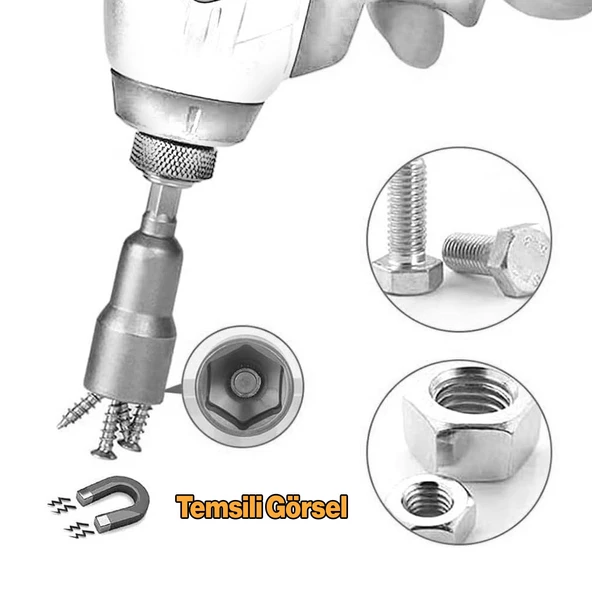 Manyetik Mıknatıslı Matkap Uyumlu 5 6 7 8 9 10 11 12 13 mm Somun Civata Adaptör Seti CRV Metal Uç - 5