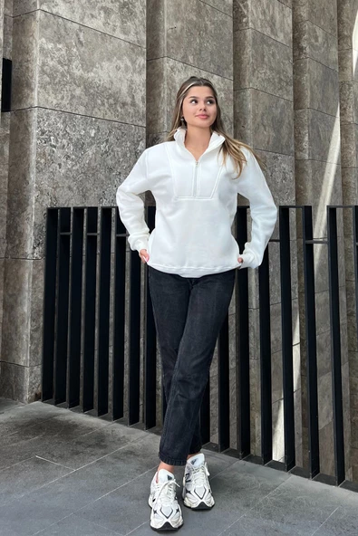 Fermuar Detaylı Oversize Sweatshirt - Beyaz - 5
