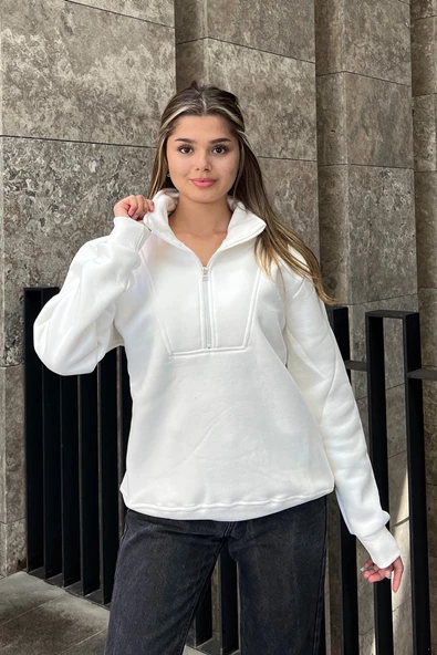 Fermuar Detaylı Oversize Sweatshirt - Beyaz - 3