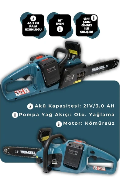 MURCELL ÇİFT AKÜLÜ ŞARJLI AĞAÇ DAL KESME MOTORU: KÖMÜRÜSÜZ 16"INCH HIZAR - 2