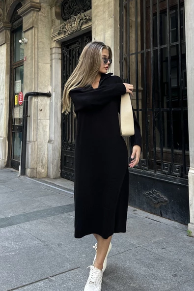 Fermuarlı Dik Yaka Salaş Triko Elbise - Siyah - 4