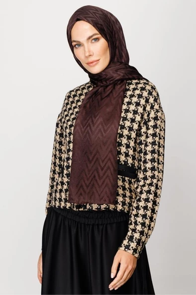 Mooncorn Kahverengi Zikzak Desen Parlak Jakar Şal - 5