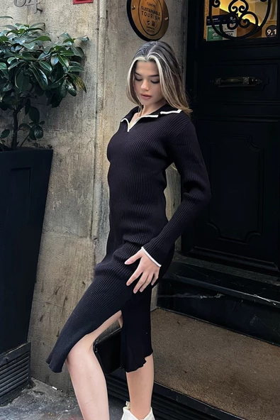 Polo Yaka Triko Midi Elbise - Siyah - 3