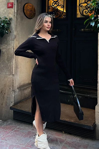 Polo Yaka Triko Midi Elbise - Siyah