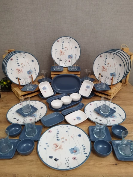 Keramika Takım Kahvaltı Blue Flowers 53 Parça 12 Kişilik