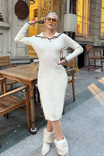 Polo Yaka Triko Midi Elbise - Bej - 2