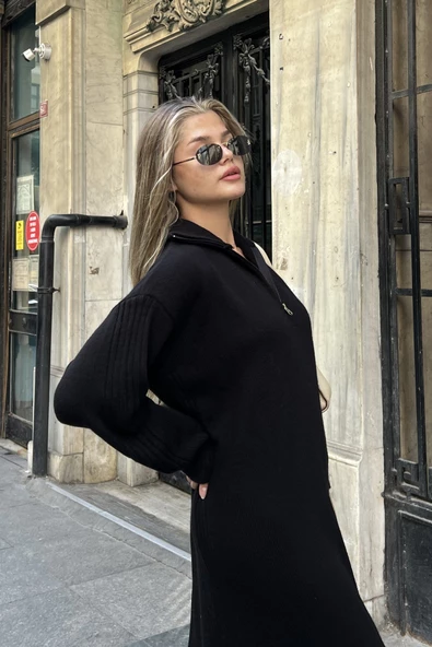 Fermuarlı Dik Yaka Salaş Triko Elbise - Siyah - 8