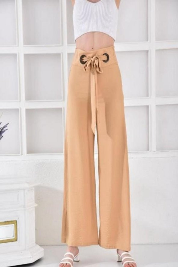 Halkalı Bol Paça Bağcıklı Camel Keten Kadın Pantolon - 4