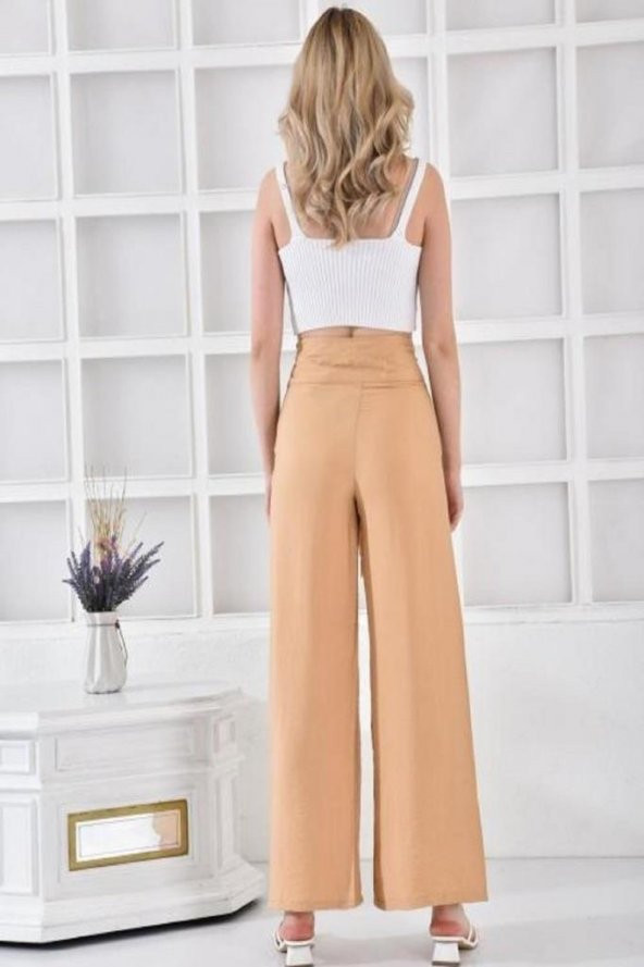 Halkalı Bol Paça Bağcıklı Camel Keten Kadın Pantolon - 5