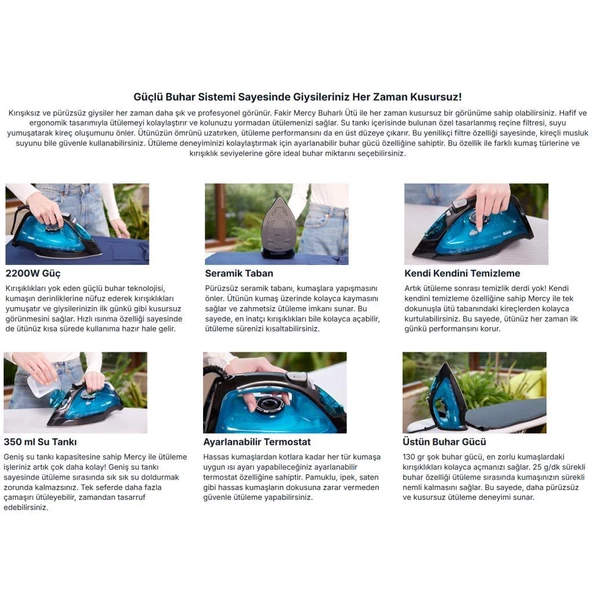 Fakir Mercy 2200W Seramik Taban Buharlı Ütü - Mavi - 4