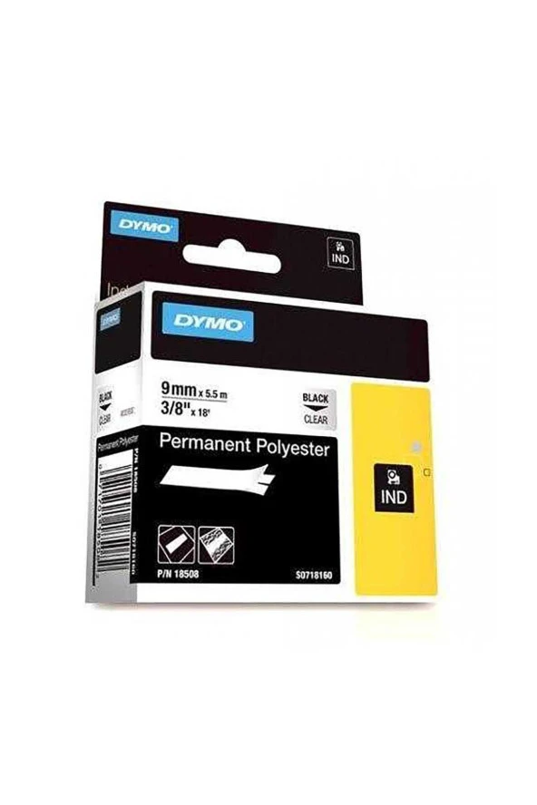 Dymo RhinoPRO Sabit Polyester Şerit 9mm x 5.5metre Şeffaf/Siyah