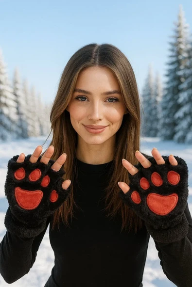 Mars Baby Parmaksız Patili Siyah Peluş Eldiven