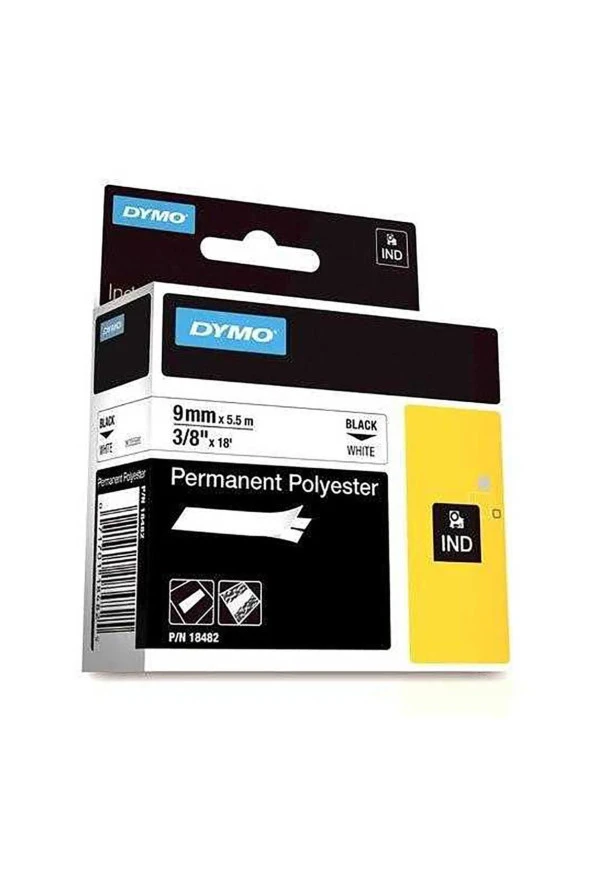 Dymo Rhinopro Sabitpolyster Şerit 9mm x 5.5 metre Beyaz/Siyah 18482