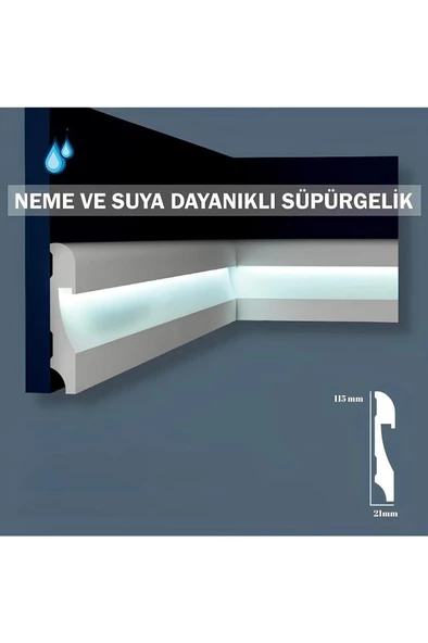 Renkli Duvarlar 11.5cm x 120cm Polimer Lake Beyaz Ledli Süpürgelik Salon Ev Ofis Koridor Çıta Parke Süpürgelik - 2