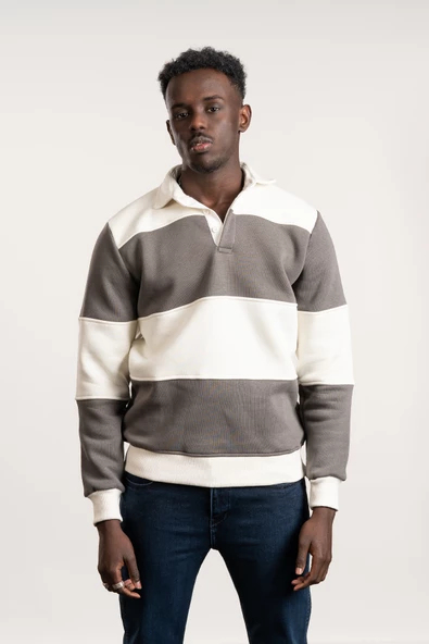 FBI Polo Yaka Kalın Çizgili 3 İplik İçi Şardonlu Slimfit Sweatshirt - 12