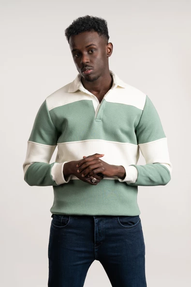 FBI Polo Yaka Kalın Çizgili 3 İplik İçi Şardonlu Slimfit Sweatshirt - 4