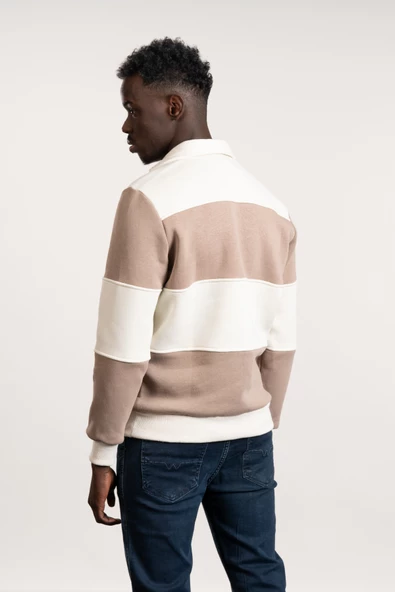 FBI Polo Yaka Kalın Çizgili 3 İplik İçi Şardonlu Slimfit Sweatshirt - 7