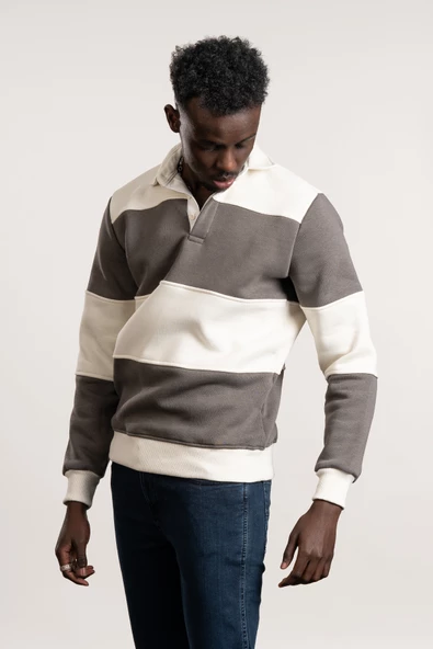 FBI Polo Yaka Kalın Çizgili 3 İplik İçi Şardonlu Slimfit Sweatshirt - 10