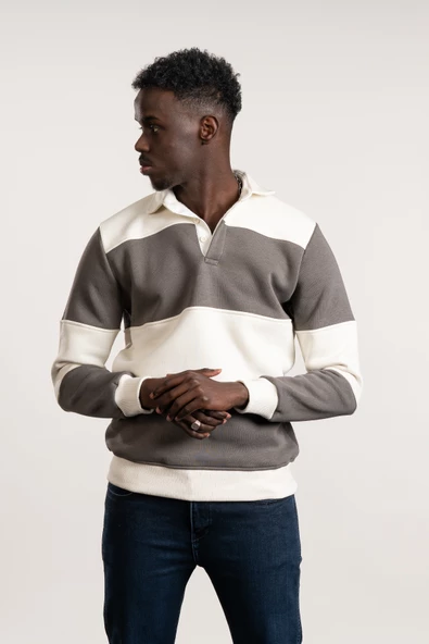 FBI Polo Yaka Kalın Çizgili 3 İplik İçi Şardonlu Slimfit Sweatshirt - 11