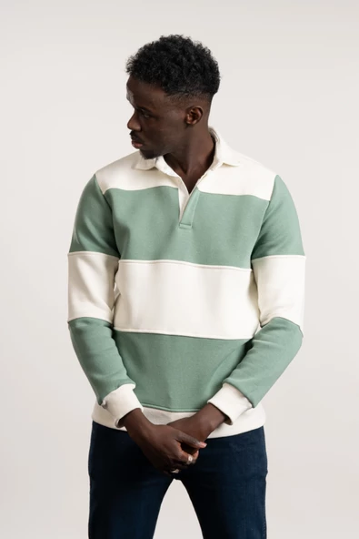 FBI Polo Yaka Kalın Çizgili 3 İplik İçi Şardonlu Slimfit Sweatshirt - 2