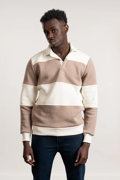 FBI Polo Yaka Kalın Çizgili 3 İplik İçi Şardonlu Slimfit Sweatshirt - 8