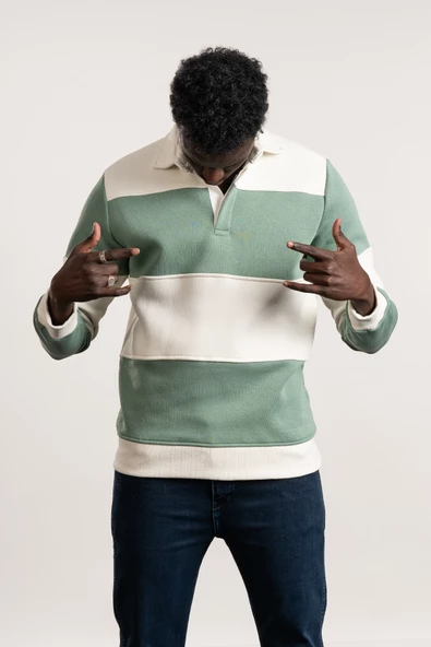 FBI Polo Yaka Kalın Çizgili 3 İplik İçi Şardonlu Slimfit Sweatshirt - 3