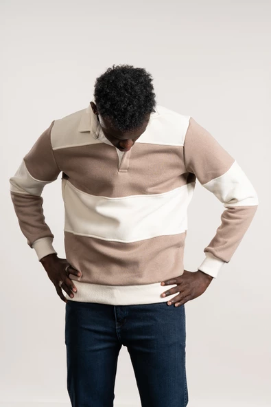 FBI Polo Yaka Kalın Çizgili 3 İplik İçi Şardonlu Slimfit Sweatshirt - 6