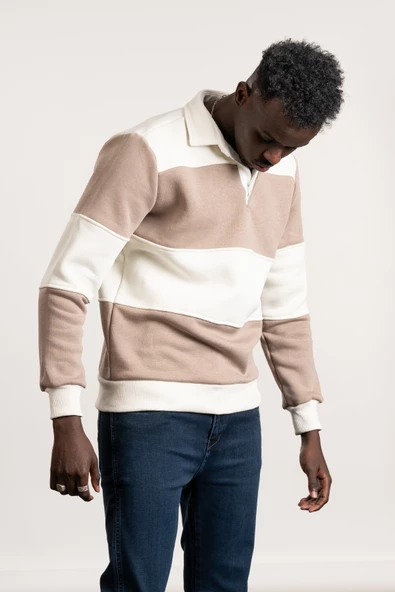 FBI Polo Yaka Kalın Çizgili 3 İplik İçi Şardonlu Slimfit Sweatshirt - 5