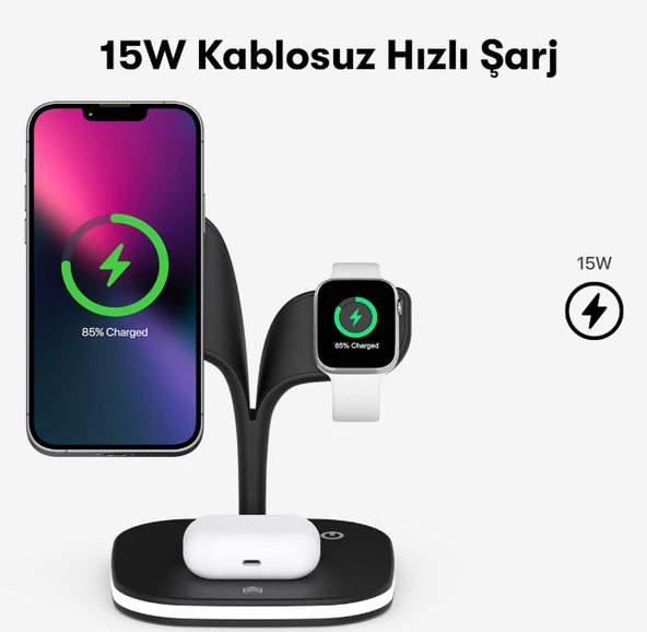 Magsafe Apple Kablosuz Şarj Standı -15W Hızlı Şarj (İphone/Watch/Airpods) Masaüstü Stand - 9