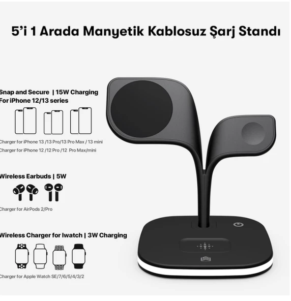 Magsafe Apple Kablosuz Şarj Standı -15W Hızlı Şarj (İphone/Watch/Airpods) Masaüstü Stand - 5