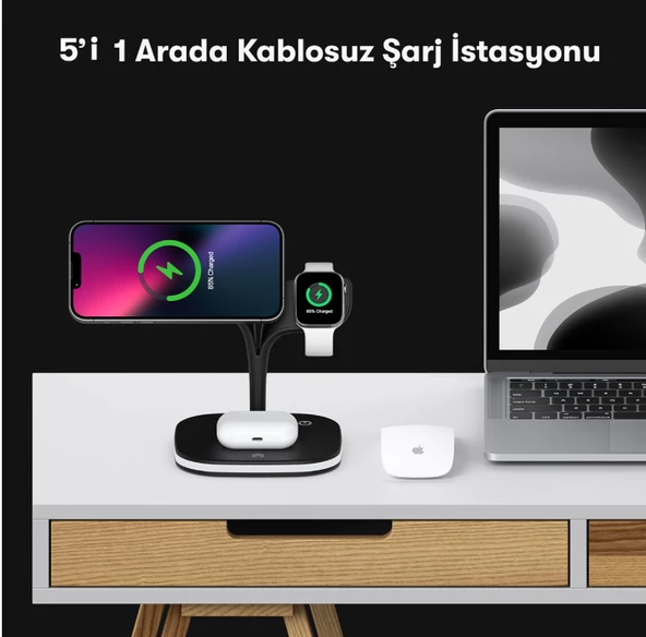 Magsafe Apple Kablosuz Şarj Standı -15W Hızlı Şarj (İphone/Watch/Airpods) Masaüstü Stand - 3