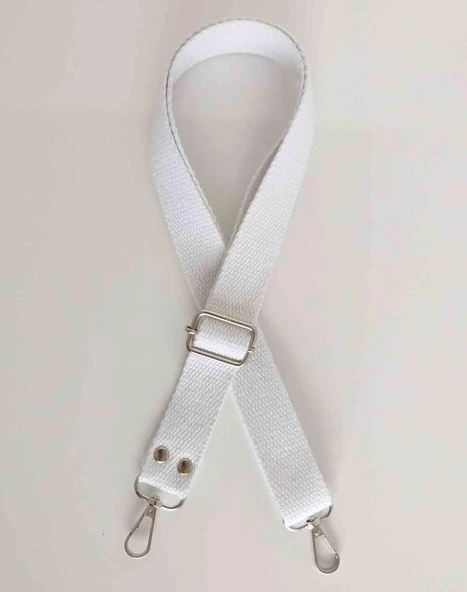 Çanta Aksesuar Beyaz Pamuklu Kolon Ayarlamalı Çanta Sapı Gümüş Metal