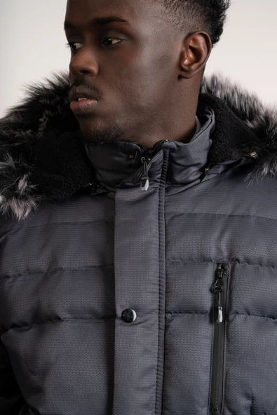 Kürklü Kapşonlu (Kürk ve Kapşon Çıkartılabilir) İçi Polarlı Slimfit Kısa Mont - 5