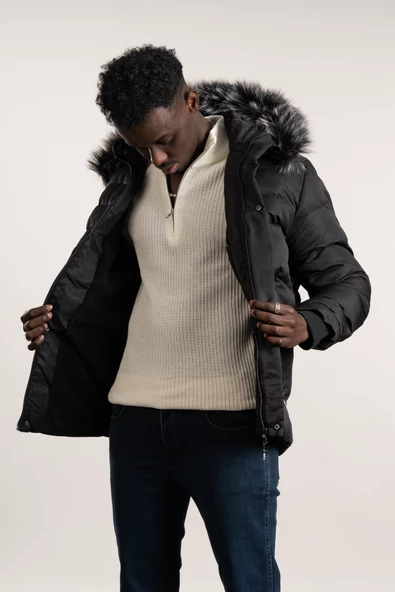 Kürklü Kapşonlu (Kürk ve Kapşon Çıkartılabilir) İçi Polarlı Slimfit Kısa Mont - 11